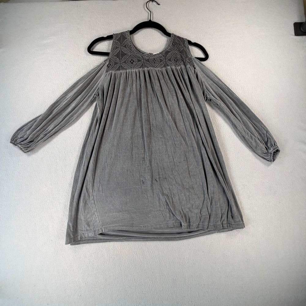 Babydoll Dress Womens S/M Gray Lace Yoke Cold Shoulder Boho Lagenlook Tunic